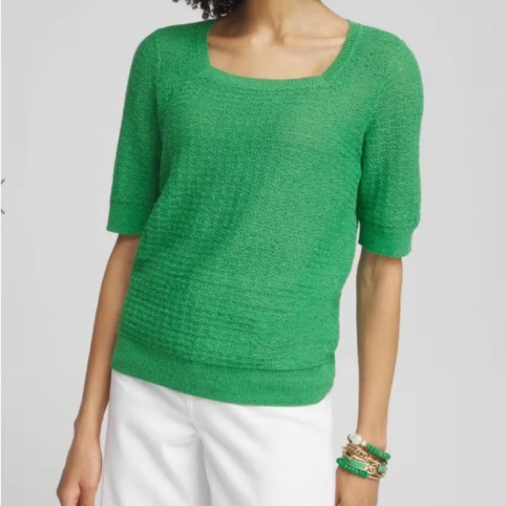 Chico's Women’s Linen Blend Square Neck Pullover Green Sweater